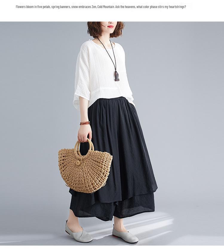 2025 Summer Women's Artistic Cotton Linen Wide-Leg Silk Cropped Pants