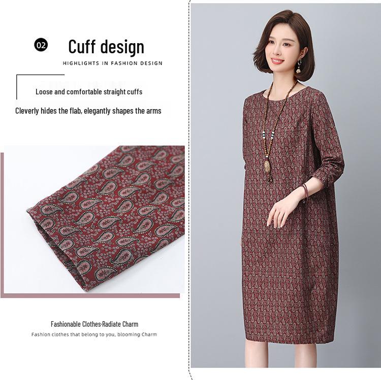 2025 Retro Floral Loose Fit Dress for Women - Spring & Autumn, Round Neck, Perfect for Middle-Aged Mothers