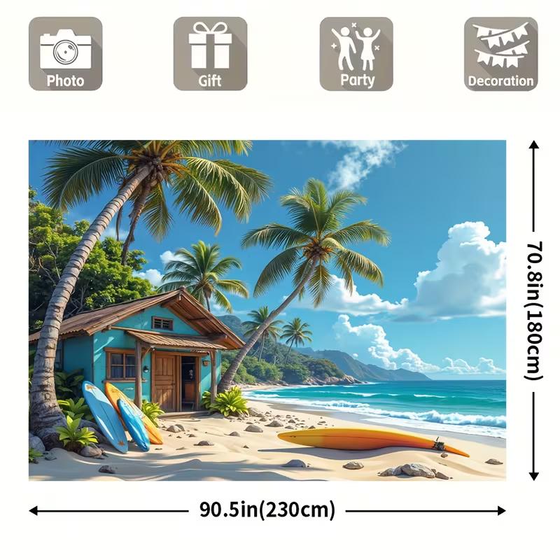 2D Hawaii Surf Beach Tapestry, Tropical Coastal Hut with Surfboards and Palm Trees Wall Art 47.2x31.5inch/120*80cm