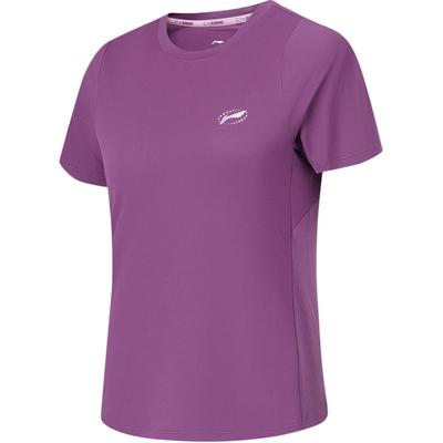 Li Ning Running Series Effen Kleur Logo Ronde Hals Comfortabel Ademend Korte Mouw T-Shirt Dames Tops Diep-Paars ATSU202-6
