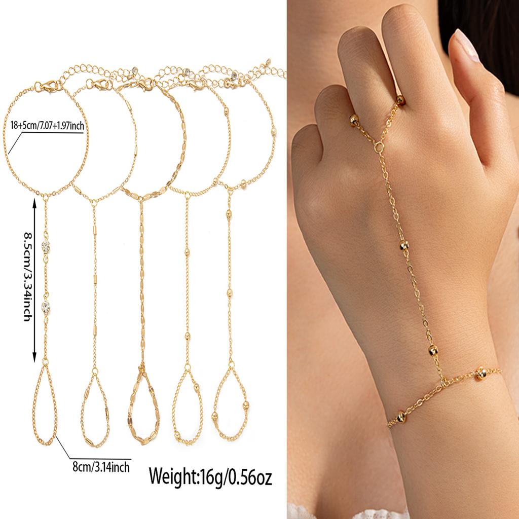 Niche Gentle Style Golden Beaded Finger-connected Bracelet, Integrated Ring Bracelet