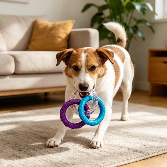 Three-Ring Dog Toy Interactive Dog Tug of War Toy Connected Rings Dog Chew Toy for Puppy Teething Biting Teeth Cleaning