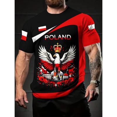 Maglietta da Uomo Retro Polonia Novità Grafica - Nera con Design Aquila e Corona Rossa Manica Corta Girocollo, Top Casual Lavabile in Lavatrice per Adulti