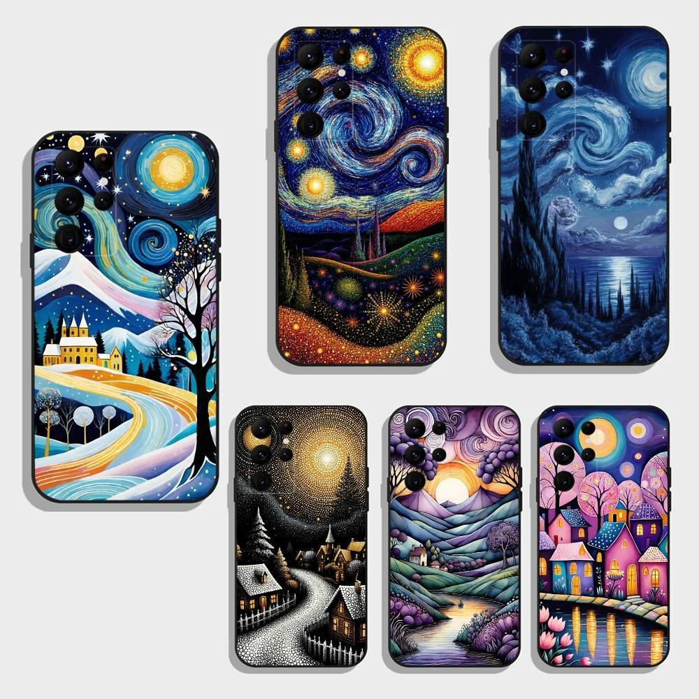 Whimsical landscape Starry Night Phone Case For Samsung S26,S25,S24,S23,S22,S21,S20,Ultra,Plus,FE Black Soft Cover