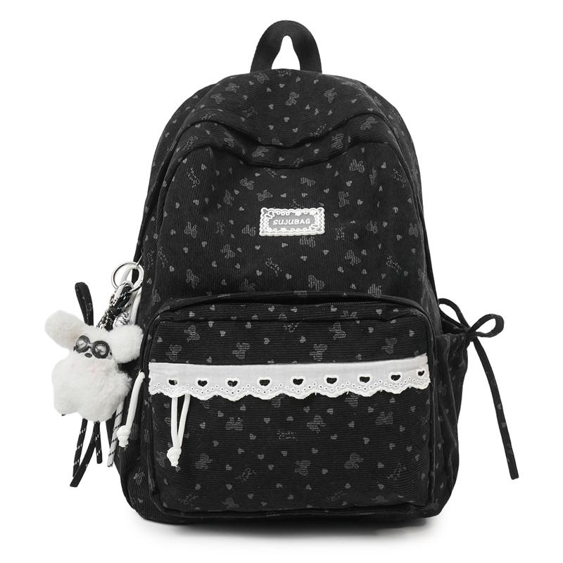 College Style Bow Print Schoolbag Women's Corduroy Backpack Large Capacity Student Backpack