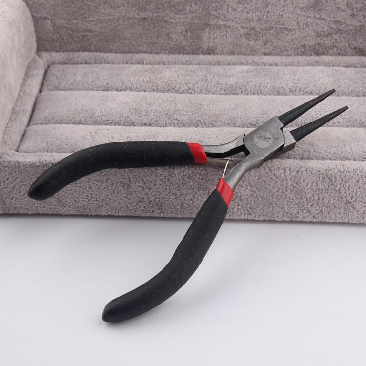 Handmade Beading Pliers Set: Round Nose, Steel Diagonal Cutting, and 9-Needle Pliers.
