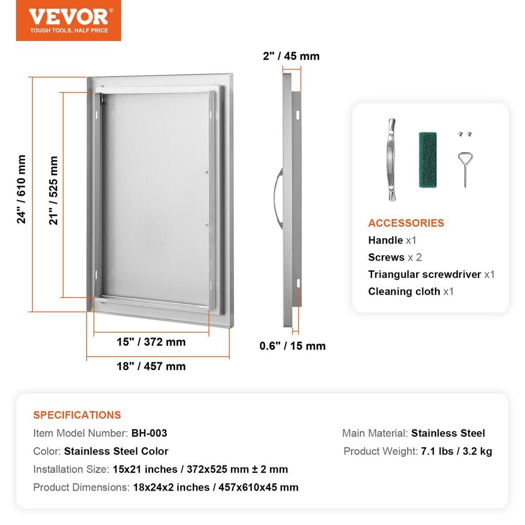 BBQ Access Door, 457x610 Mm Single Outdoor Kitchen Door, Stainless Steel Flush Mount Door, Wall Vertical Door with Handle, for BBQ Island, Grilling
