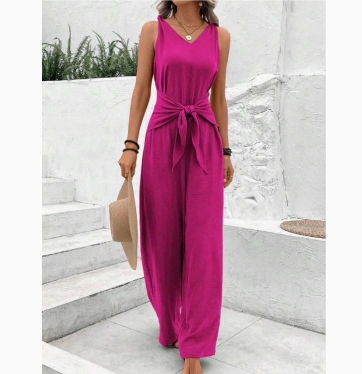 Fashion Solid Jumpsuit For Women Casual Sleeveless V Neck Lace-Up Wide Leg Pants Jumpsuits Lady Summer Holiday Womens Clothing
