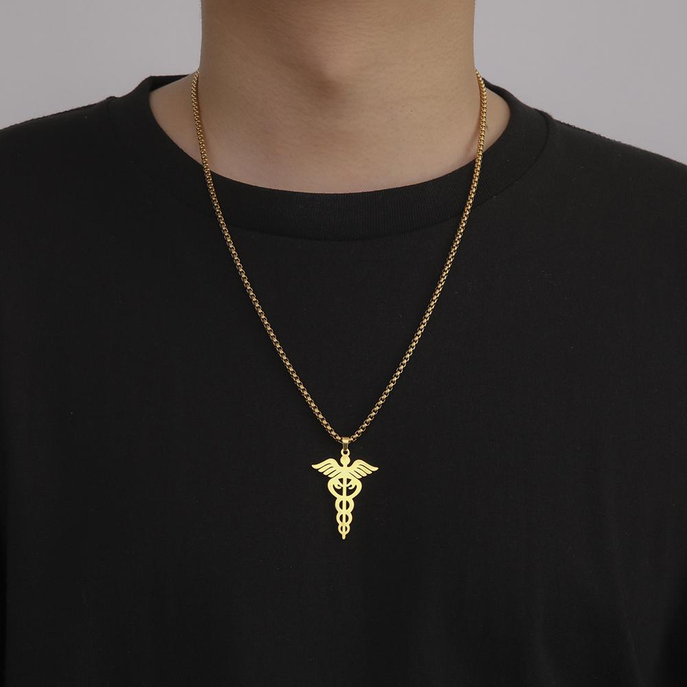 Dawapara Caduceus Necklace Archangel Wings Healing Medical Symbol Pendant Asclepius Protection Amulet Stainless  Steel Jewelry