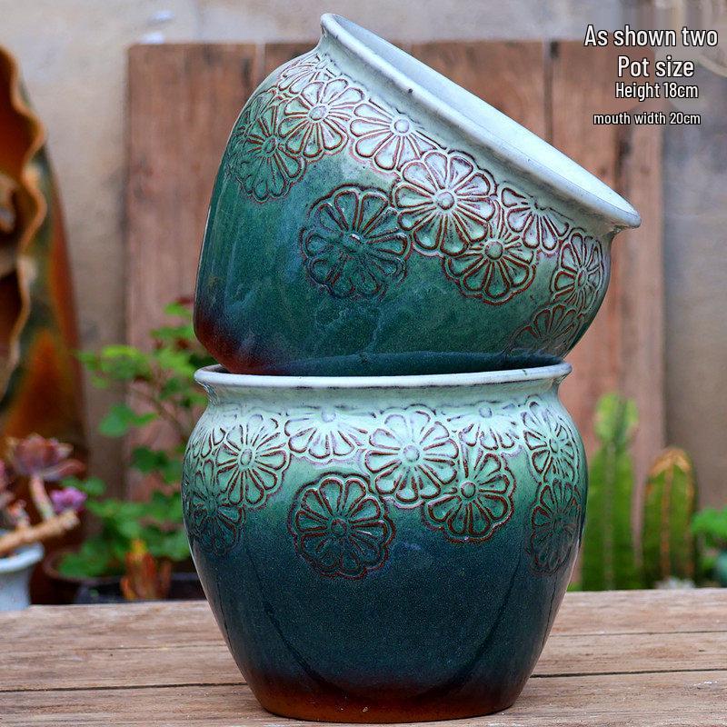 Handmade Embossed Rose Ceramic Succulent Pot, Tall Breathable Coarse Pottery, Large Mouth Plant Pot with Flower Design.