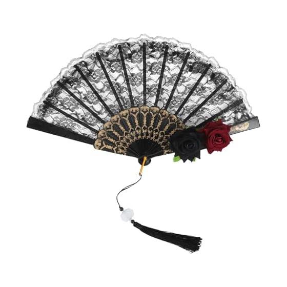 [RUIXIA1] Fan Lace Fan Lace Rose Floral Fan Black White Gothic Rose Gothic Lolita Court Style Japanese Style Folding Fan Gothic Lolita Cosplay