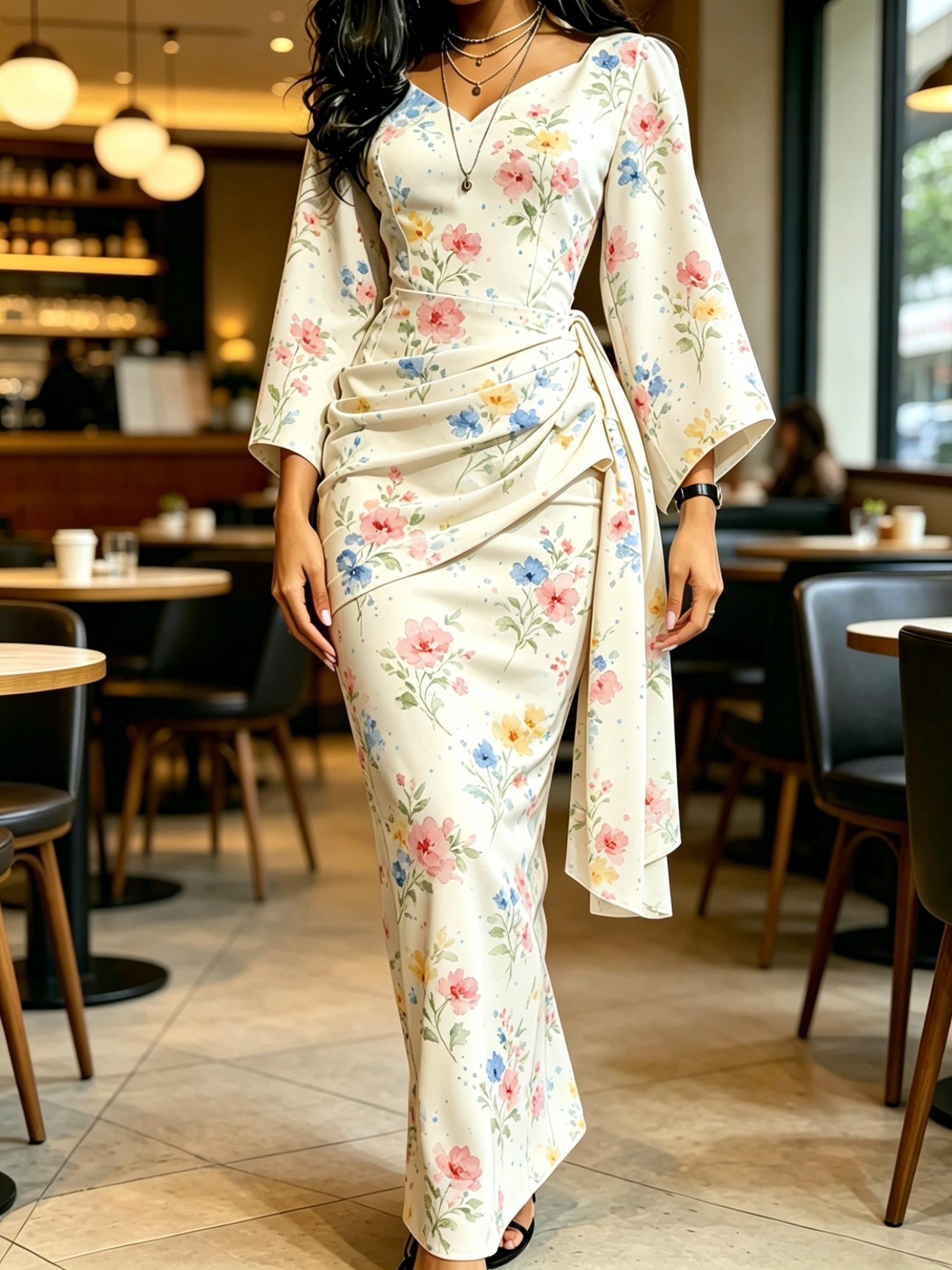 Women s Cream Colorful Floral Print Maxi Dress V Neck Wrap Waist Flare Sleeve Party Gown XS