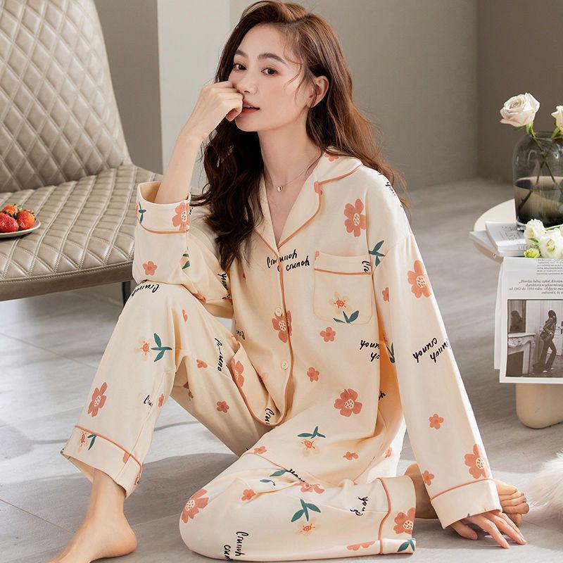 Damen Übergröße Baumwoll-Cardigan-Pyjama-Set - Langärmlig, Zweiteilig, Perfekt für Herbst/Frühling