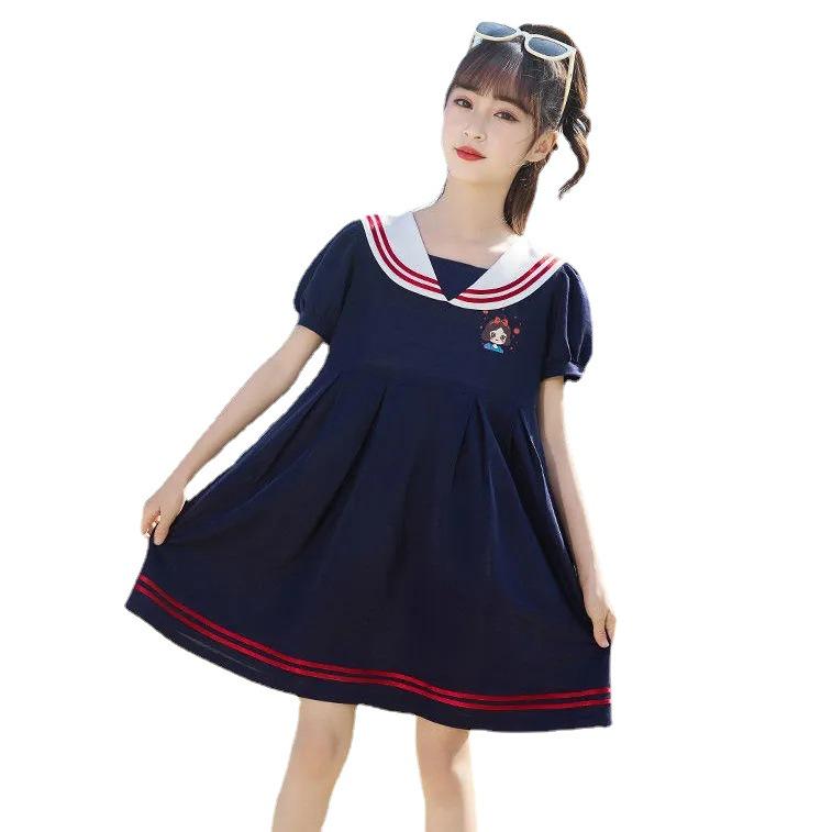 Navy Collar Girls' Summer Dress - Stylish Loose-fit Princess Dress for Medium & Large Children
