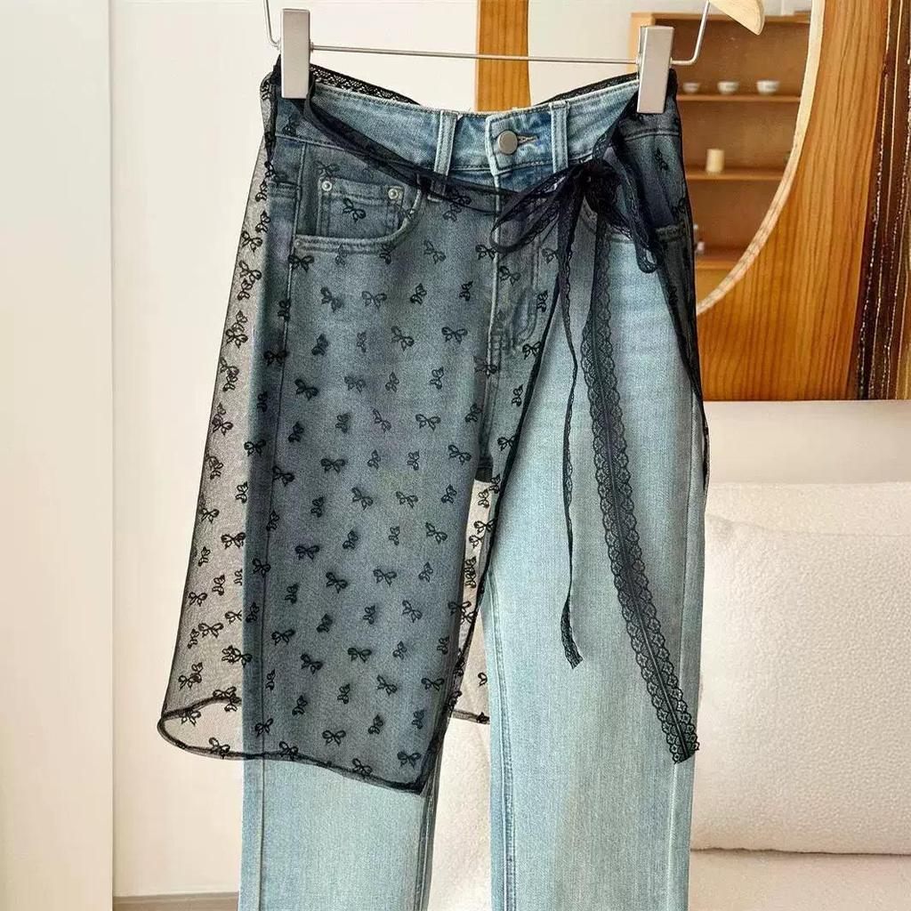 Korean Lace Embroidered Waistband Tulle Skirt with Layered Scarf Accessory