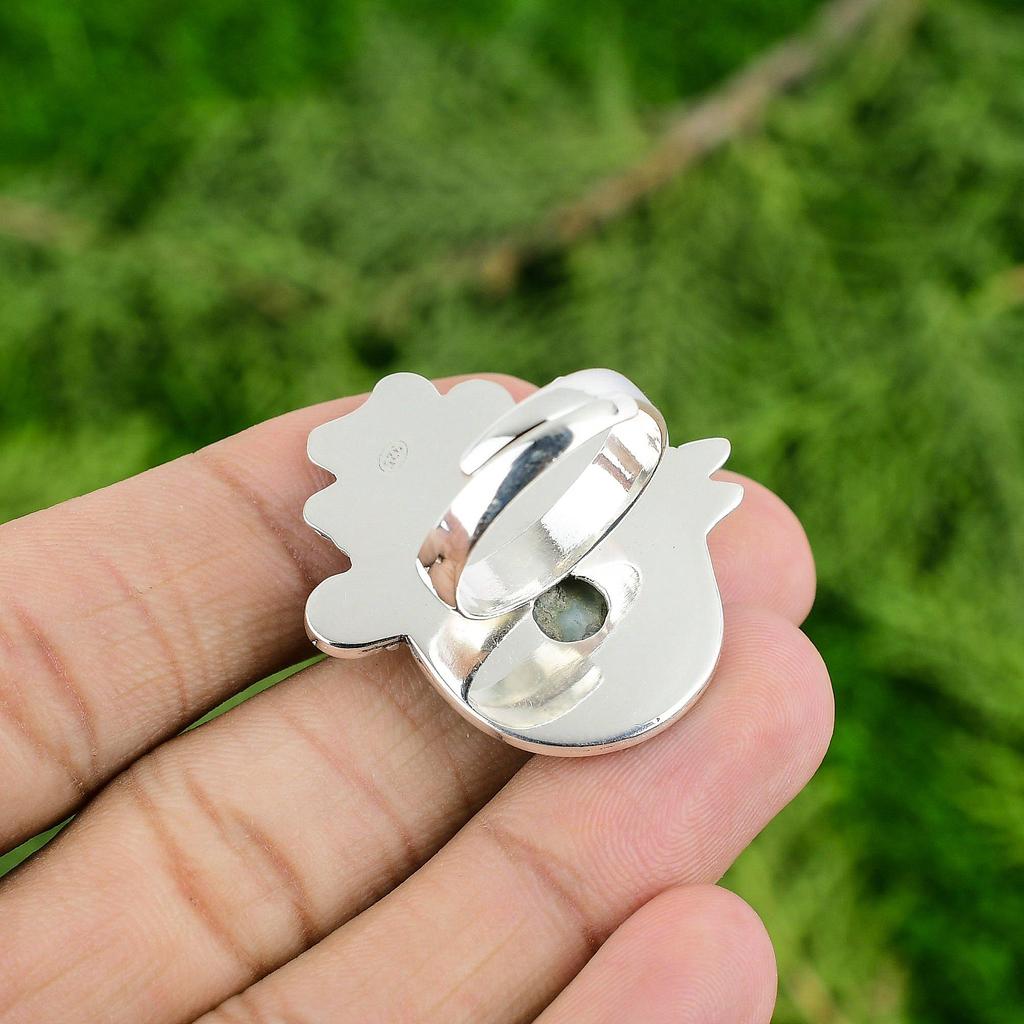 Gift For Her 925 Silver Natural Larimar Multi Stone Flower Adjustable Ring