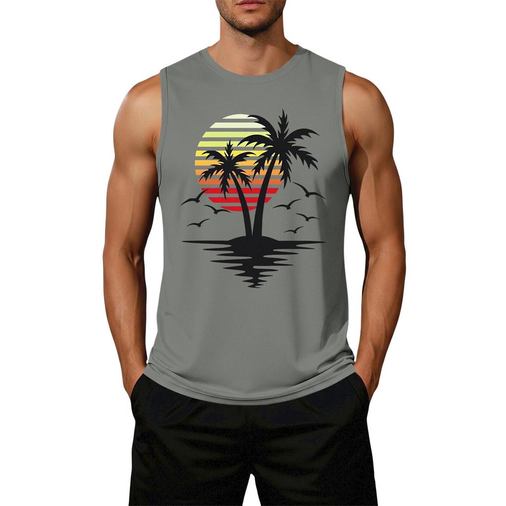 Men's Loose Fit Casual Sleeveless Tank Top Palm Tree Graphic Print Summer Beachwear Muscle Shirt