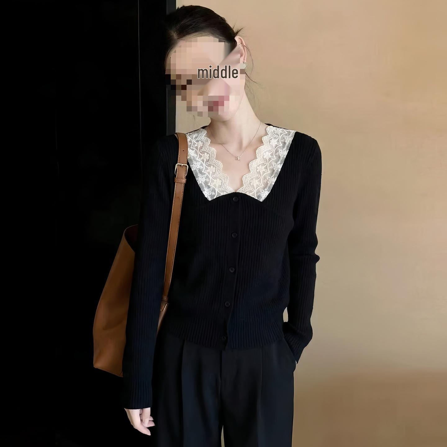 

French Lace Patchwork V-Neck Long-Sleeve Knit Top - Elegant Women s Spring Slim Fit Layer Large (110-120 jin)