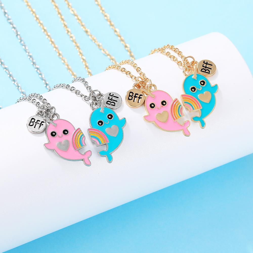 2Pcs/Set Cartoon BFF Round Charm Rainbow Dolphin Design Best Friends Necklace For Girls Frienship Gift