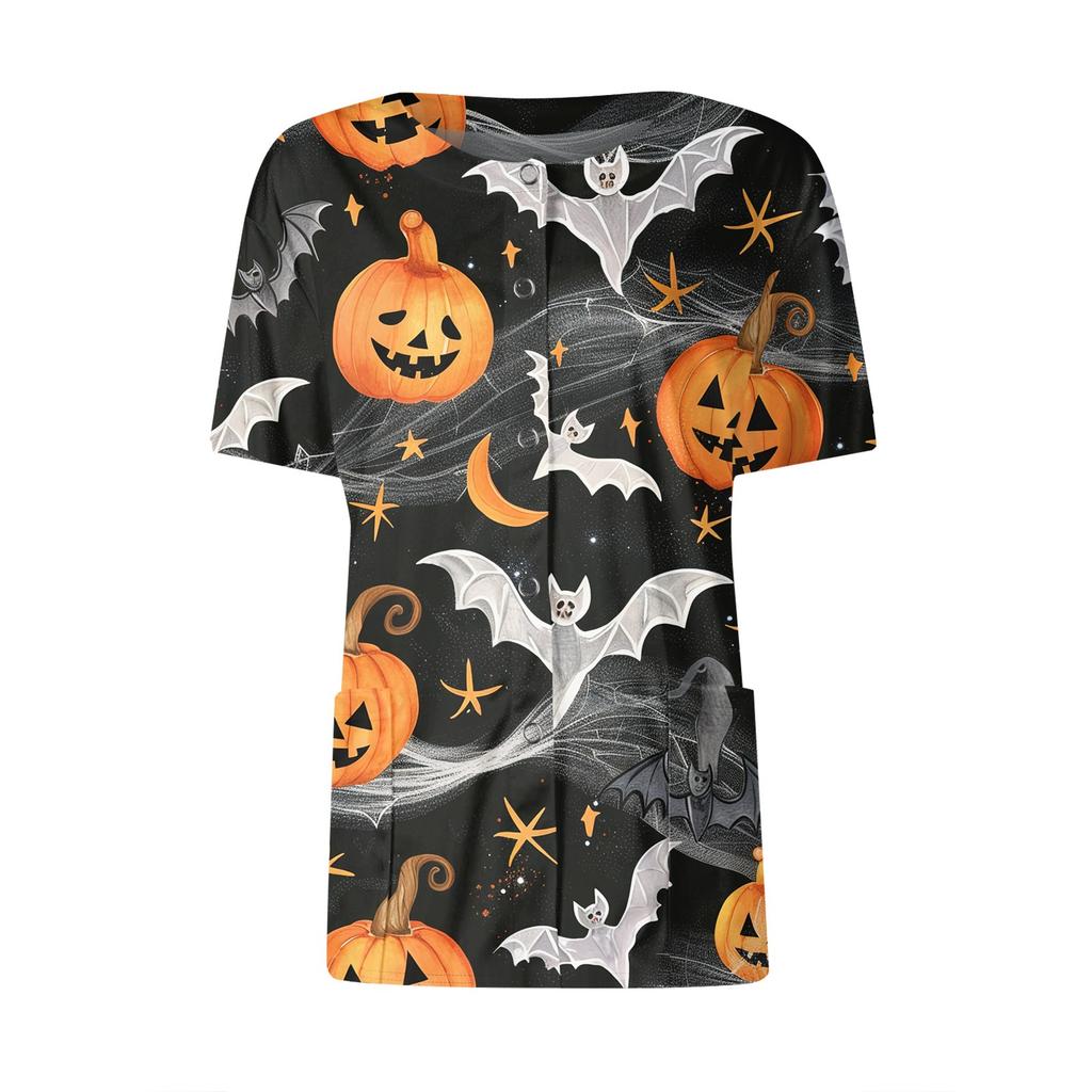 Women's Short Sleeved Patterned Pockets, Work Print Stand Up Collar, Single Breasted Protective Clothing, Cardigan Jacket, Top