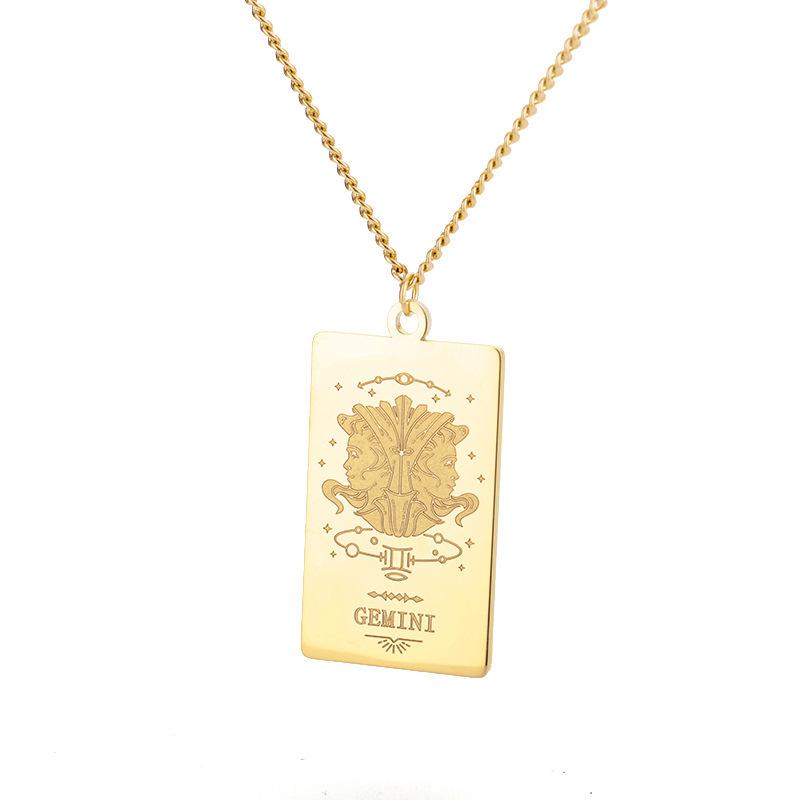 European 12 Constellations Stainless Steel Square Pendant Necklace for Men & Women - Retro Hip Hop Style Titanium Steel Jewelry