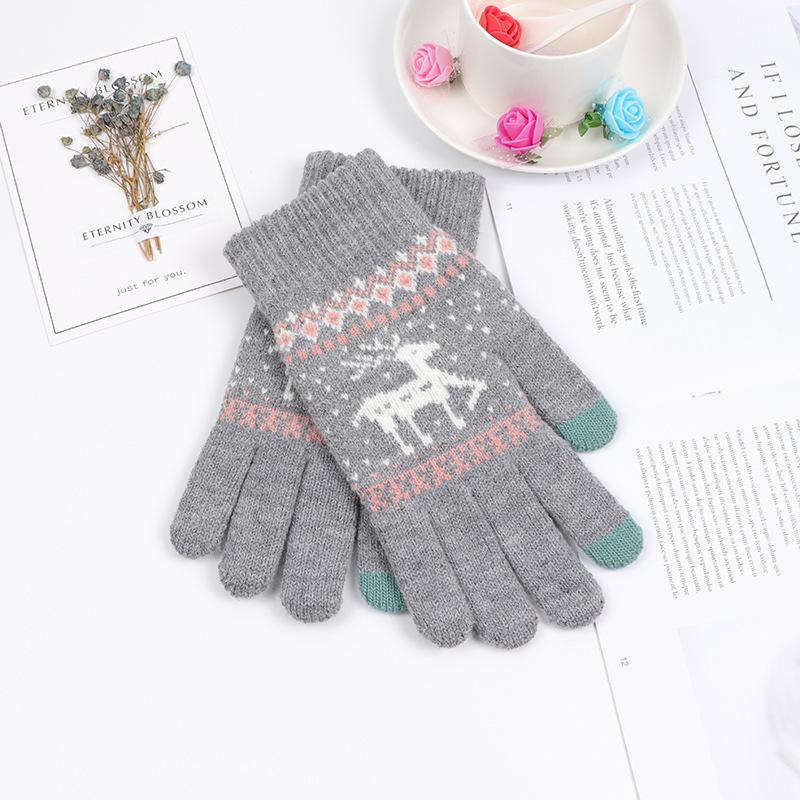 Korean Style Women's Warm Touch Screen Wool Gloves with Elk Print - Autumn/Winter Fashion, Christmas Couple Edition.