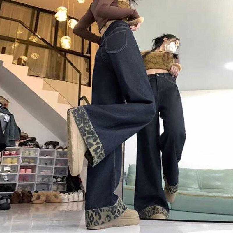 Women's Plus Size Black Leopard Print Patchwork Denim Jeans - Rolled Hem Loose Wide Leg Pants for Summer