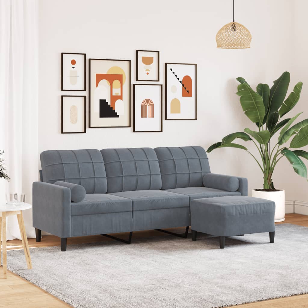 3 Seater Velvet Sofa with Footstool Dark Grey 180 Cm