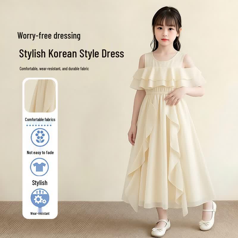 

Girls Summer Off-Shoulder Ruffle Chiffon Maxi Dress 140