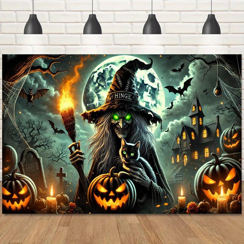 1 Halloween Witch and Black Cat Polyester Background Cloth Suitable for Birthday Studio and Christmas Decoration
