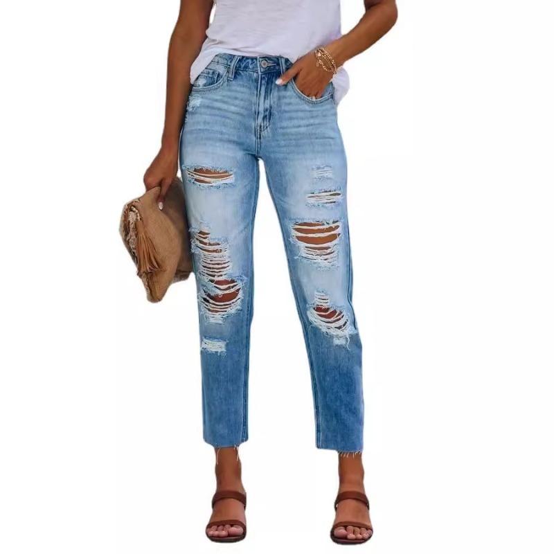 Jeans Summer Temperament Simple Holes Slim Slim Wash Denim Trousers Women