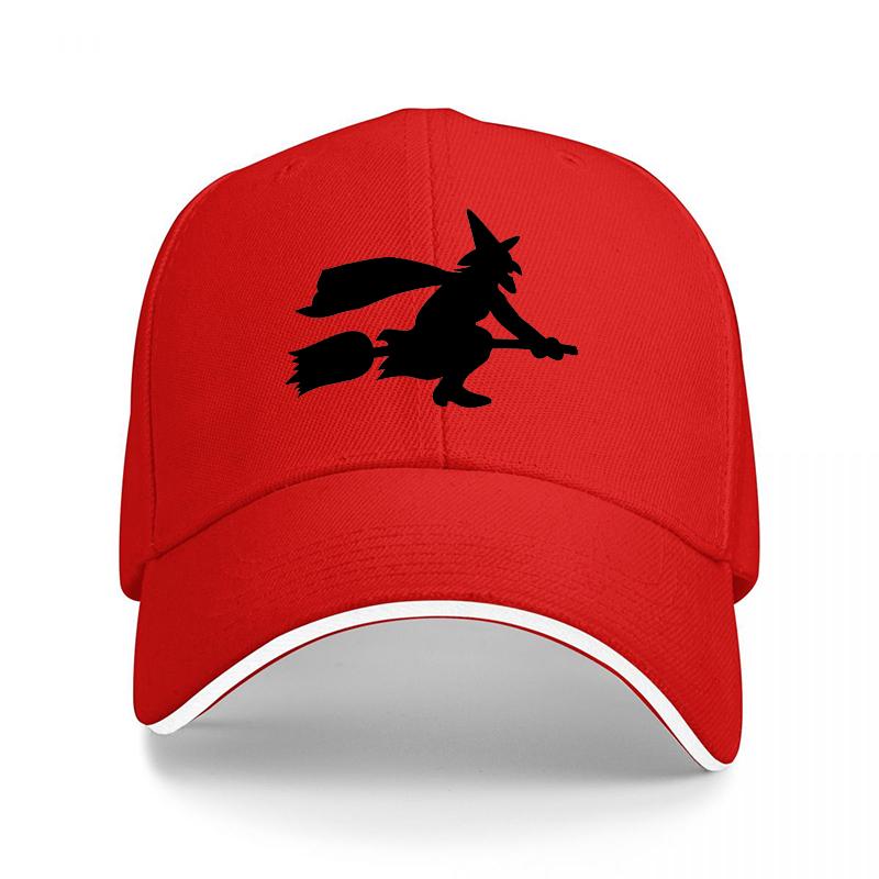 Witch Flying on Broomstick Black Baseball Cap Halloween Magic Theme Design Unisex Adjustable Hat for Adults Adjustable