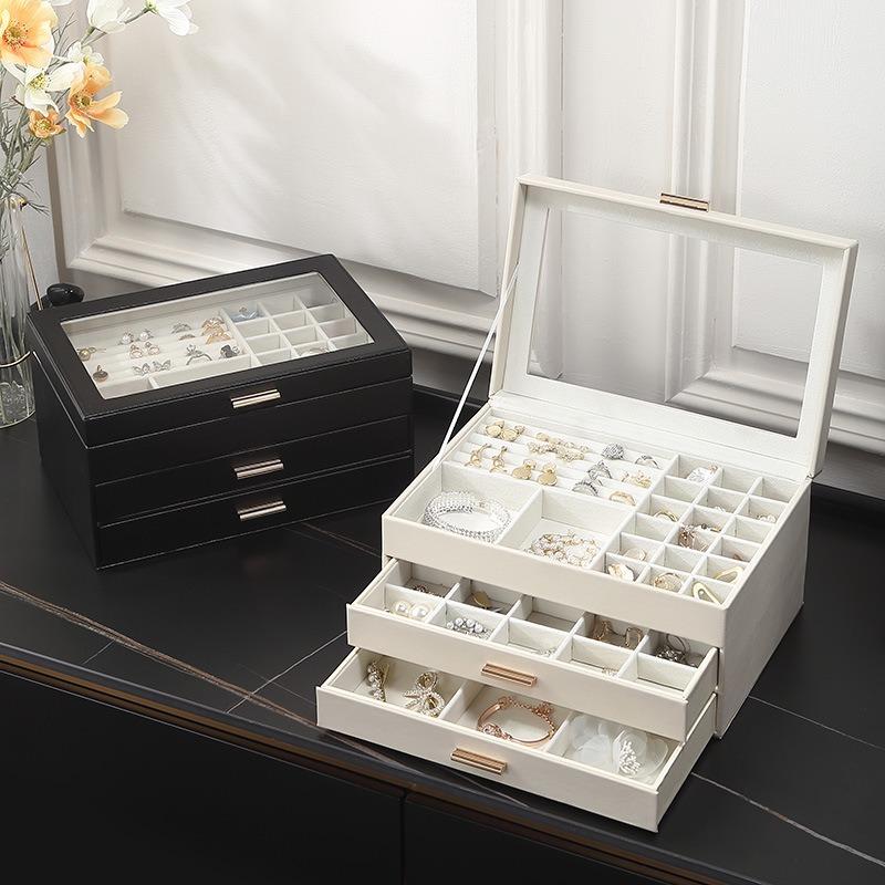 Leather Jewelry Box Luxury Exquisite 3 Layer Modern Drawer Style Jewelry Box Multifunctional Creative Display Miniature Ornaments Packaging Supplies