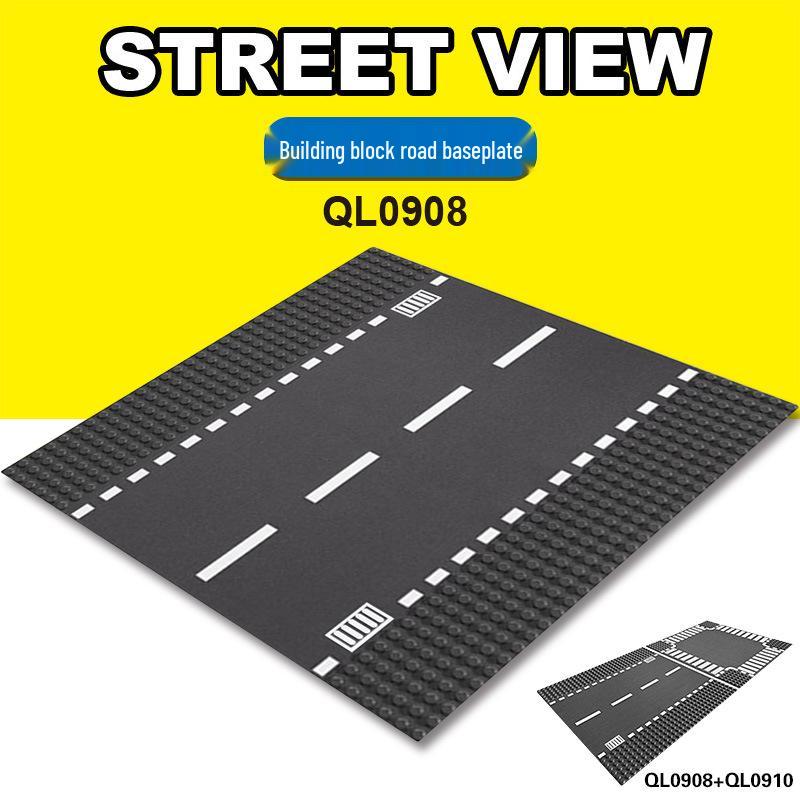 Street Scene 25x25CM Road Baseplate with Small Pegs - Single-Sided Race Track, Straight & Curved