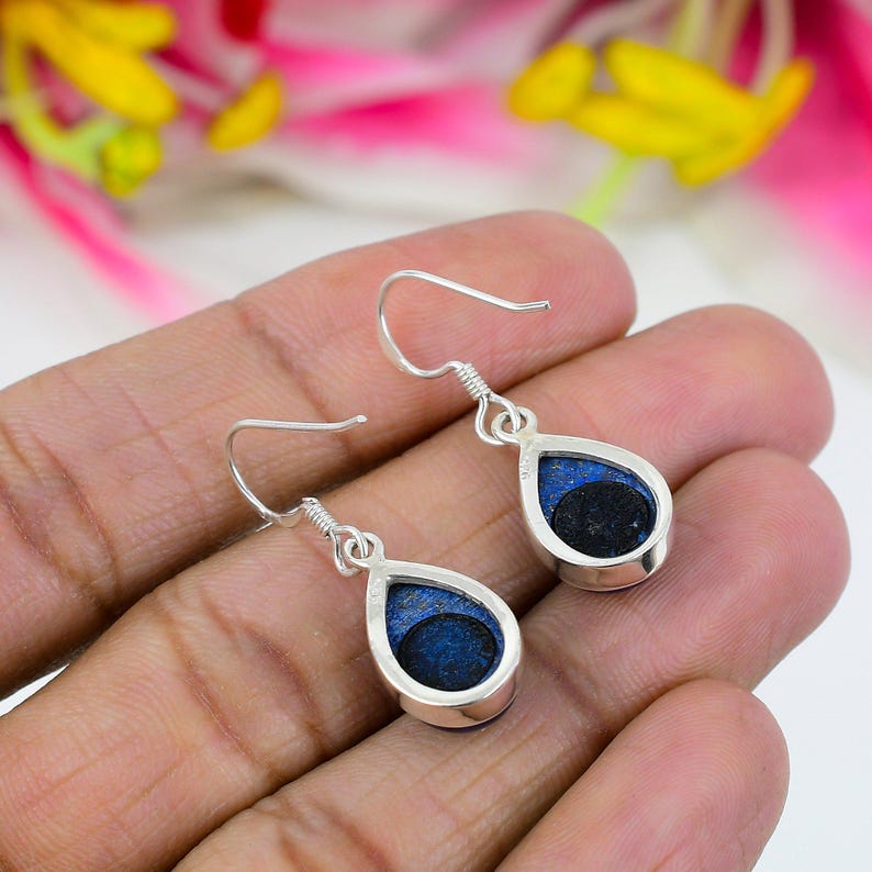 Massives 925 Sterling Silber Lapislazuli Birne Cabochon Edelstein handgefertigt Damen Hängeohrringe