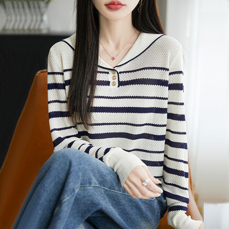 

Autumn Winter Polo-neck Striped Patchwork Sweater Women Loose Casual Fashion All-match Knitting Top S белый