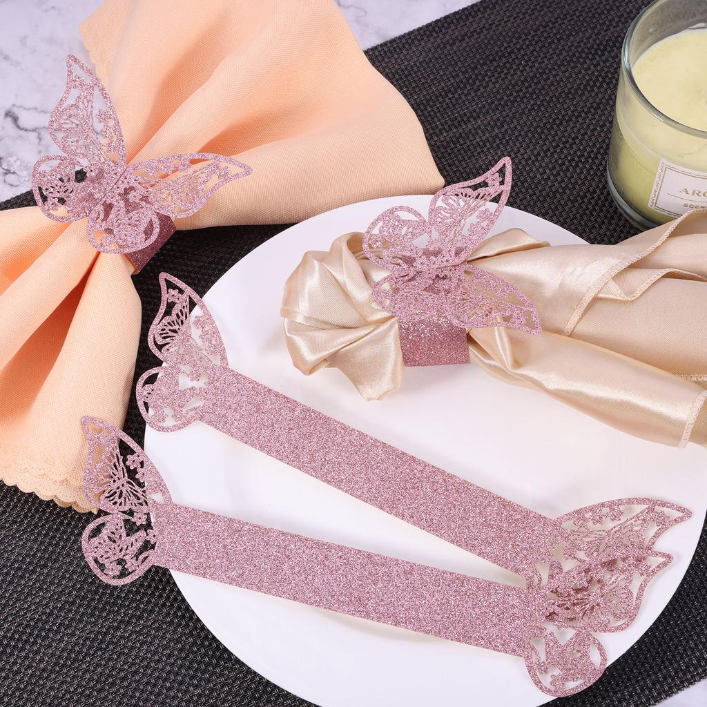 50pcs 3D Butterfly Napkin Ring Premium Frosted Paper Exquisite Hollow Texture Gold Silver Blue Pink Glitter Sprinkled Decor Home