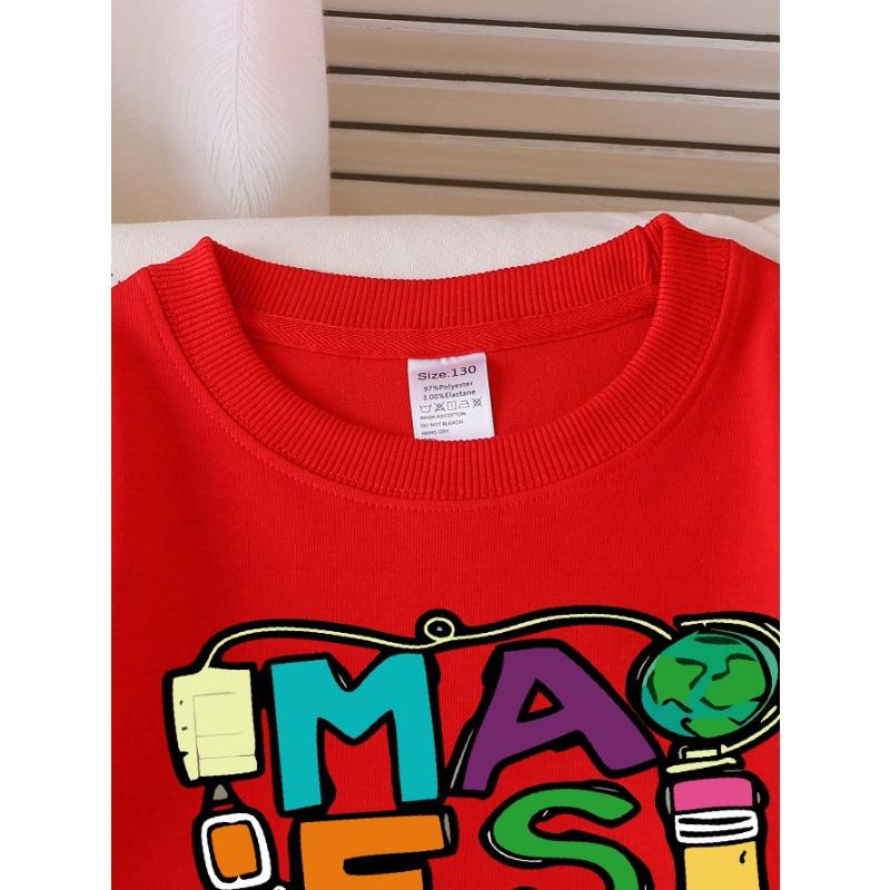 European sizes Kids Sweatshirts, Girls' Autumn Winter Colorful Teacher Word Art Print Long Sleeve Round Neck Sweatshirt, Casual Daily Wear.