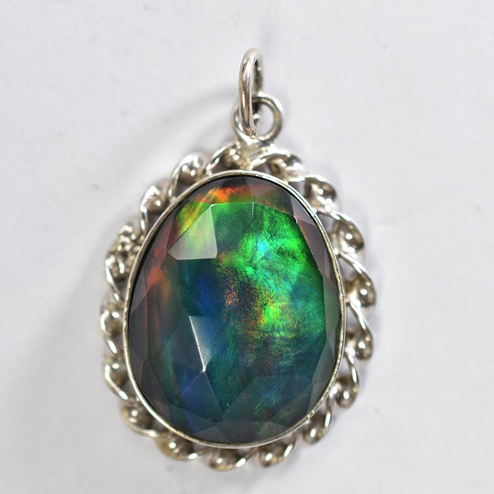 Opal Pendant 925 Sterling Silver 32.70 ct Aurora Fire Checker Oval October Birthday Birthstone