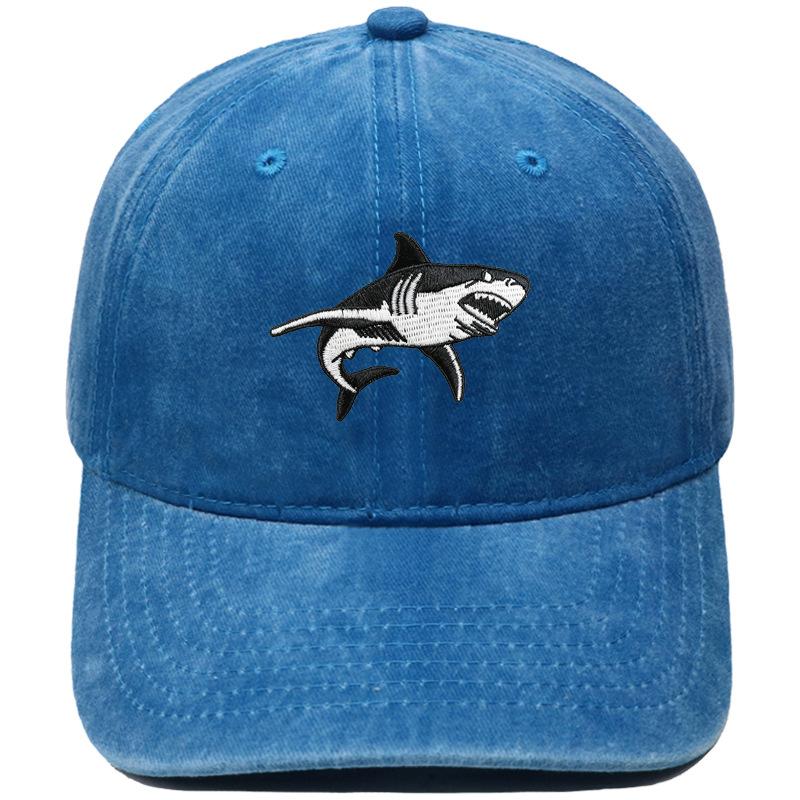 Big White Shark Embroidered Baseball Cap Washed Vintage Daddy Hat Marine Animal Men's and Women's Casual Sun Hat