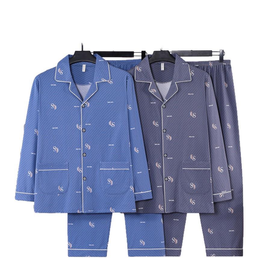 Dragon Pavilion Men's Four Seasons Cotton-Lycra Cardigan Pajama Set with Turn-Down Collar and Long Sleeves.