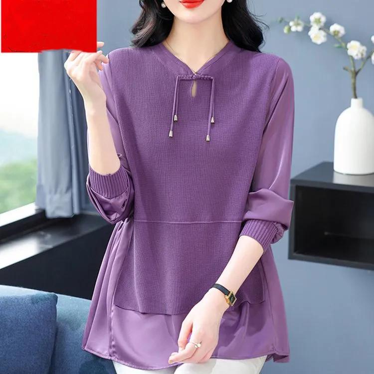 Women's Spring Autumn Patchwork Loose Plus Size Shirt Casual V-Neck Vintage Blouse