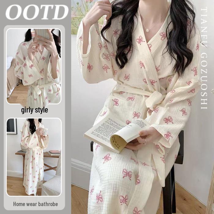 High-Quality Imitation Cotton Bow Pajama Nightgown - Cute, Loose, Long Sleeve Bathrobe for Women