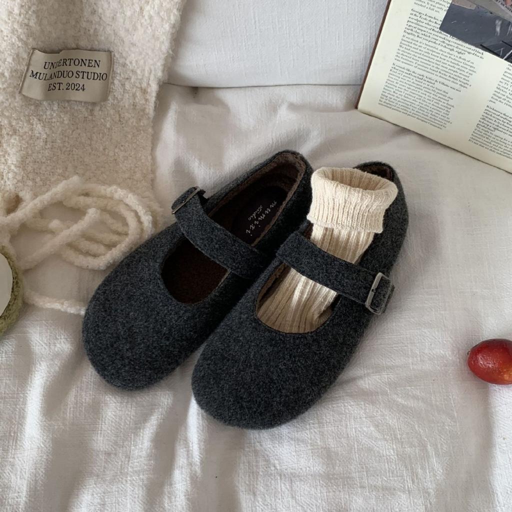 2025 Autumn and Winter New Round Head One-word Woolen Soft-soled Ballet Doudou Women's Fashionable Women's Single Shoes for Pregnant Women