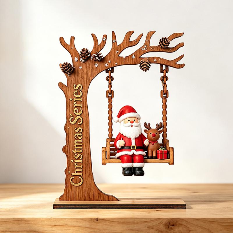 Wooden Christmas Santa Claus Swing Ornament With Moon Framed And Festive Details Perfect For Home Tabletop Xmas Decor