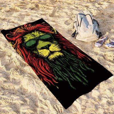 Reggae Löwe Strandtuch, Cooles Löwenmotiv mit Dreadlocks & Sonnenbrille, Übergröße Handtuch, Weich Schnelltrocknend Sommer Stranddecke