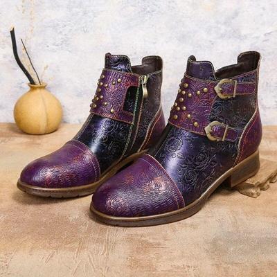 Vintage vernietete Damenstiefel, handgefertigt, echtes Leder, Ethno-Stil, Gürtelschnalle, geprägte kurze Stiefel