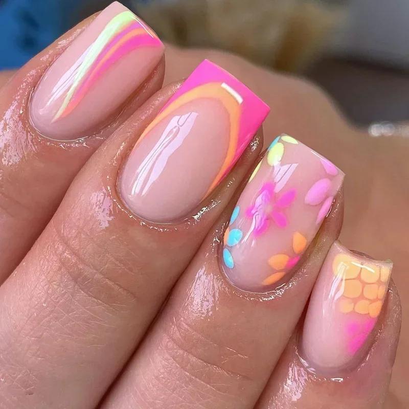 24Pcs Simple Square False Nails Short French Fake Nails Press On Colorful Flowers Design Full Cover Nail Tips Manicure Tools
