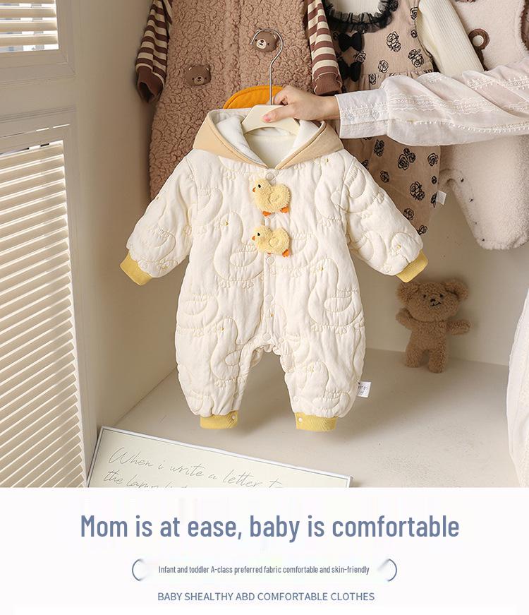 Cozy Fleece-Lined Winter Hooded Romper for Baby Boys & Girls - Thick Outdoor Wear for Infants
