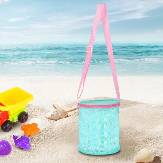Netz-Strandtasche mit Schultergurt, großes Fassungsvermögen, Reißverschluss, Mehrzweck-Muschelhalter, Aufbewahrungseimer für Reisesandspielzeug